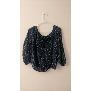 AEO Blue Floral Pleasant Top with Tie Closure, Small Boho Hippie Peasant